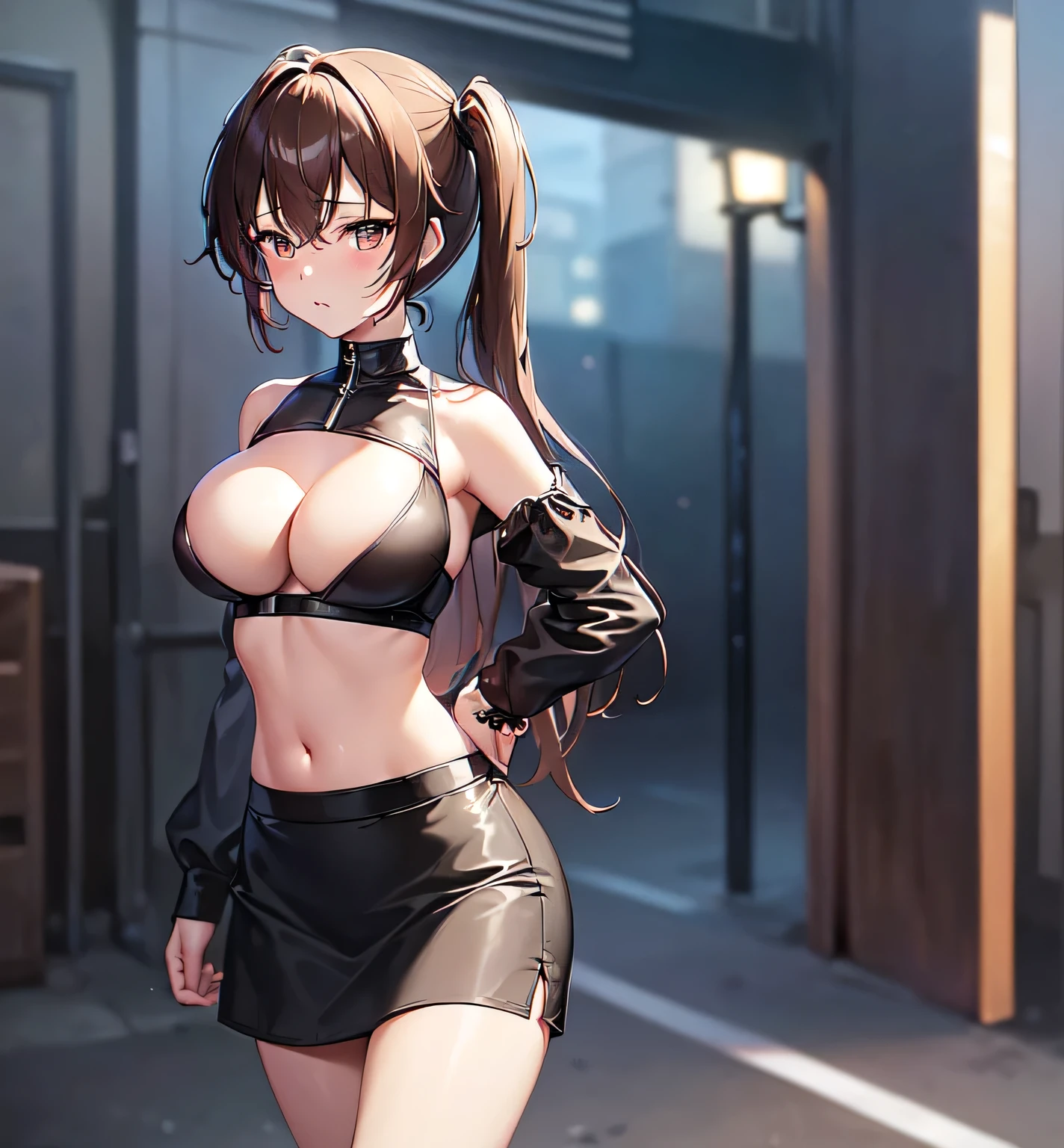 (((professional: step by step, considering even the smallest detail god level final result))): "Zettai Ryouiki, 19 years old, ((huge )) , triple D cup , , horny,((huge ))、
,  medium light brown hair and two pigtails above her ears, 50% Revealing clothing, Show skin, ((Rave short shirt, very Low-cut shirt, Rave cowboy miniskirt, Visible  straps)), (with a rave outfit:1.2, 30% Rave clothing), (Detailed outfit, Detailed clothing), ( walking pose), Solo focus, embarrassed, centered, Scale to fit dimensions, Rule of thirds, ((Night view)),(cyberpunk night street Background: 1.3, dark sky, alley,  alley, clouds thick, Background with intricate details), (Best quality),(high resolution),(Sharp focus),(full intricate details),(Very high quality artwork),(very fine 8K CG),((perfect piece) ), (((Masterpiece))), illustration, vibrant colors, high contrast, selective lighting, double exposure, HDR (high dynamic range), Post-processing, Background blur, transparent drees"