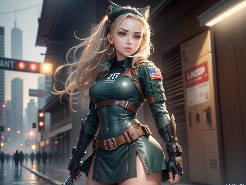 Illustrations hyper realistic, ultra detailed photograph of a BLACK woman being the character cammy from the street fighter game, military clothes, with skirt, showing the whole body, smiling, the afternoon, depth of field, HOF, hall of fame, detailed gorgeous face, scenery of an air base, natural body posture, professional photographer, captured with professional DSLR camera, trending on Artstation, k, ultra detailed, ultra accurate detailed, medium bokeh lighting, surrealism, Thomas Kinkade background, urban, ultra unreal engine, WLOP, Pauline Voss, Pascal Quidault, , Christian Schob, Martina Fackova, intricate, epic, freckles, peach fuzz, detailed mascara