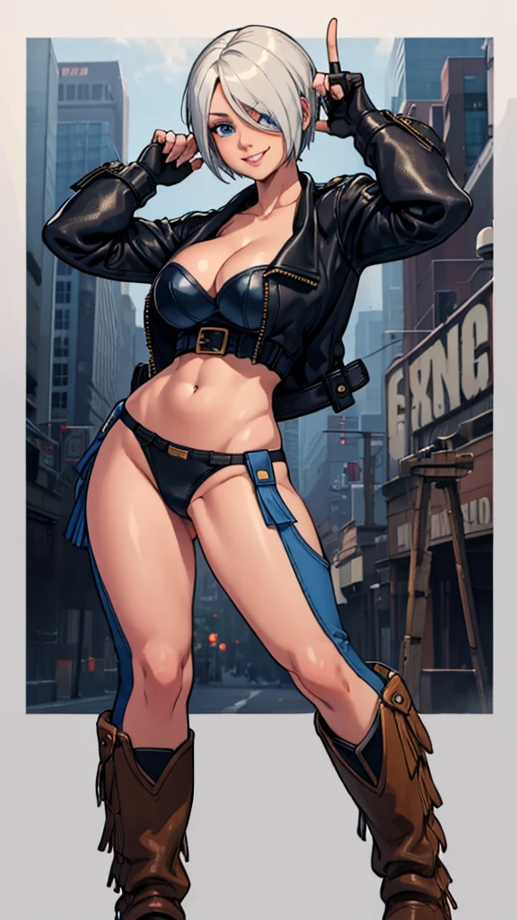 Angel kof,blue eyes,short hair,white hair,hair over one eyes, navel, cowboy boots, cleavage, 1girl, jacket, cropped jacket, leather, fingerless gloves, underwear, panties, chaps, gloves, boots, strapless, smile, leather jacket, solo, strapless bra, toned,