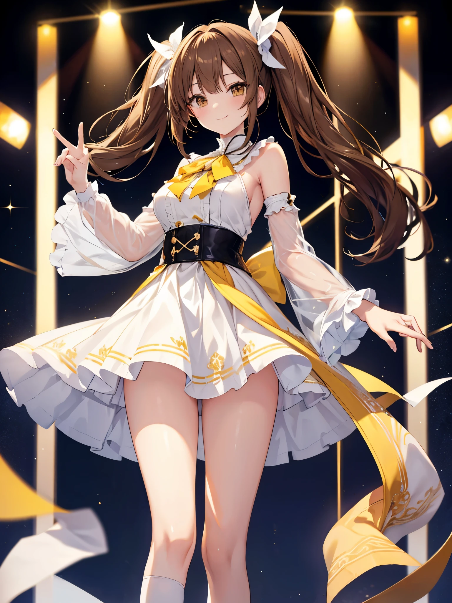 highest quality, all limbs, full finger, Slender beauty, straight hair, brown hair, brown eyes, white idol costume, dark yellow skirt, white panties, high socks, beautiful big breasts, live stage, smile, twintail,