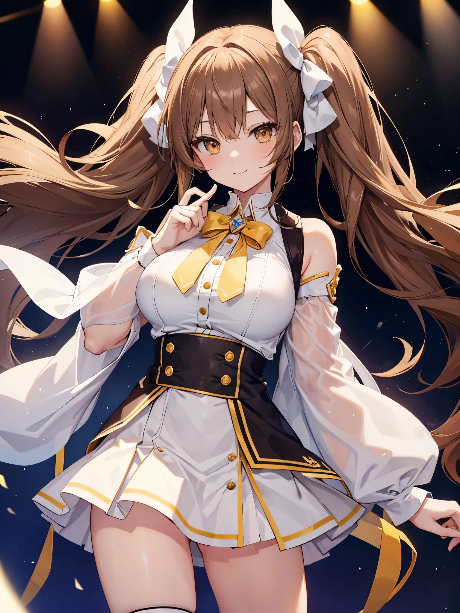 highest quality, all limbs, full finger, Slender beauty, straight hair, brown hair, brown eyes, white idol costume, dark yellow skirt, white panties, high socks, beautiful big breasts, live stage, smile, twintail,