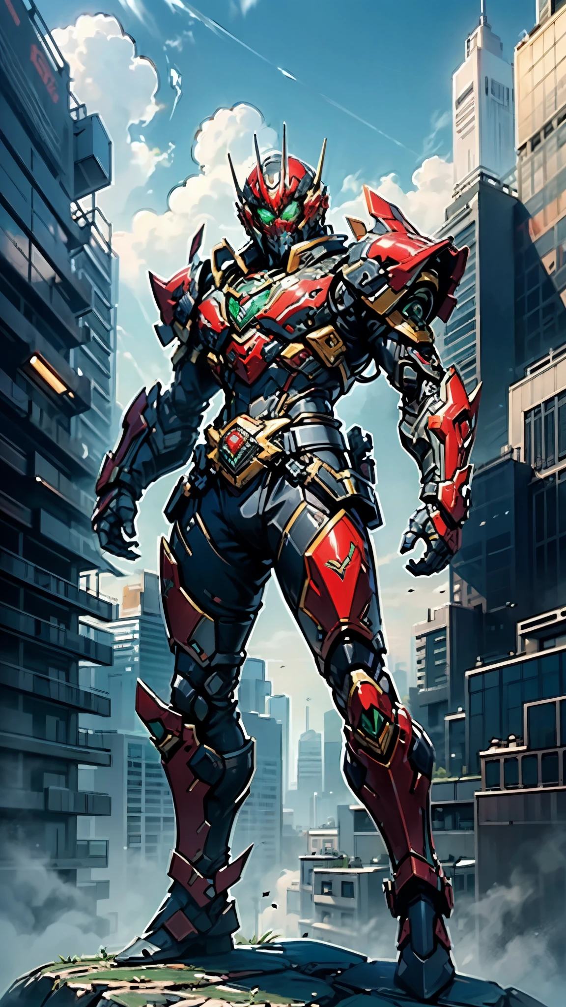 A man wearing a full-face helmet, a fantasy-style biotech armored combat suit, green eyes, (a composite layered chest armor), fully enclosed shoulder guards, matching arm and leg guards, the belt is adorned with dragon claw grasping orbs, (primarily black with red accents), the design balances heavy with agility, a high-tech bio-mecha armor, (lion concept Armor, stand on the top of a skyscraper in a futuristic sci-fi city), this character embodies a finely crafted fantasy-surreal style armored hero in anime style, exquisite and mature manga art style, (element, plasma, energy, the armor glows), ((male:1.5)), metallic, real texture material, dramatic, high definition, best quality, highres, ultra-detailed, ultra-fine painting, extremely delicate, professional, perfect body proportions, golden ratio, anatomically correct, symmetrical face, extremely detailed eyes and face, high quality eyes, creativity, RAW photo, UHD, 32k, Natural light, cinematic lighting, masterpiece-anatomy-perfect, masterpiece:1.5