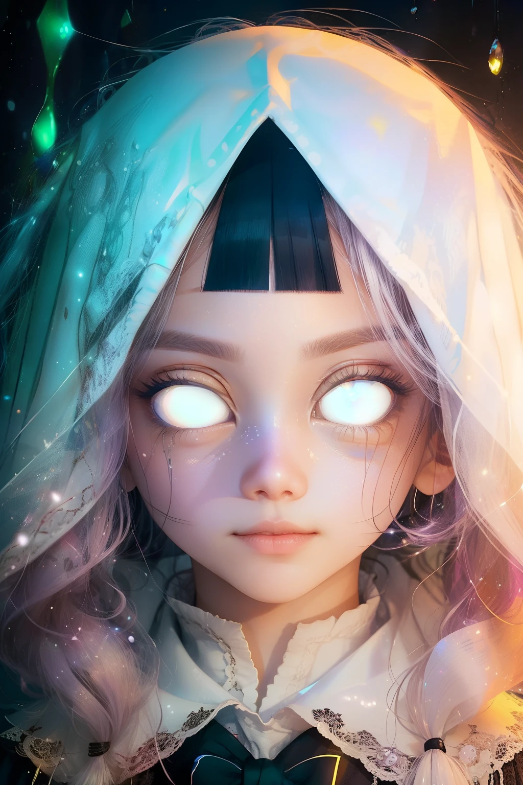 (This is a beautiful fantasy image that feels interesting.) Generate a (blind) decora Harajuku woman with curly hair and milky white eyes. Her face is important should be perfectly formed with puffy lips and perfect features. (Her eyes are important and are blank white and solid white.) Her clothing is colorful and torn, giving the appearance of a zombie apocalypse. Utilize dynamic composition to create a compelling and interesting image that appeals to viewers. She has clear skin. Use dramatic lighting and cinematic lighting to enhance the overall quality of the image. Fantasy, cute, colorful, compelling, energetic, (shirome eyes:1.3), (smirking), ((no pupils)), ((no irises)), ((((blank eyes, empty eyes))))