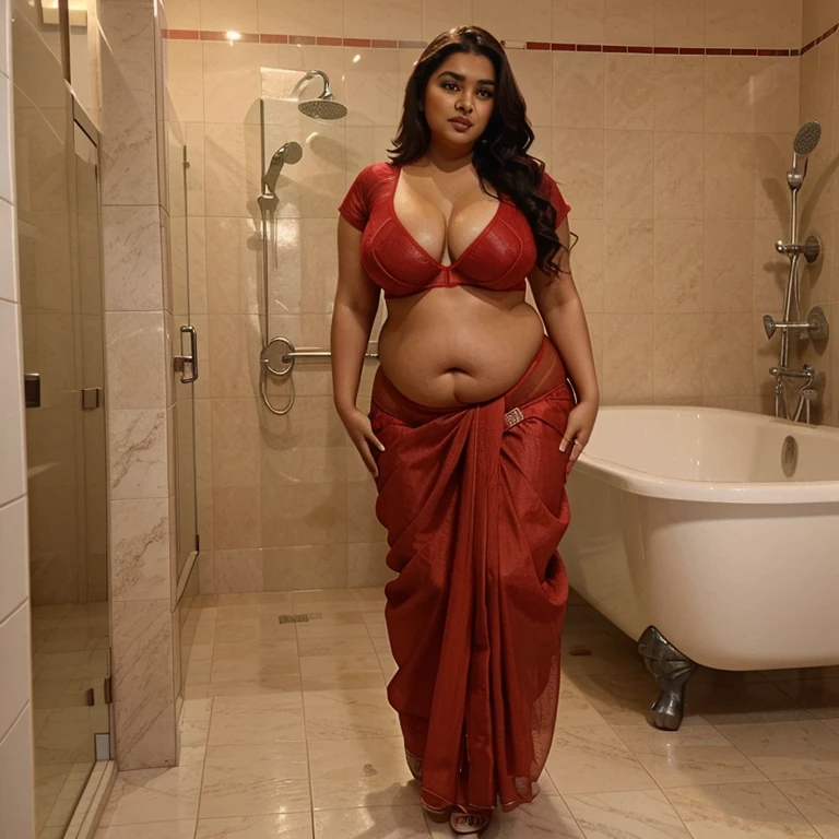 Hot Amrapali Dubey aunty wearing only colour bra,red colour knicker, walking on bathroom tiles ,bbw,chubby fatty women, plus size of body type,wide butt, full body wave, saree wear