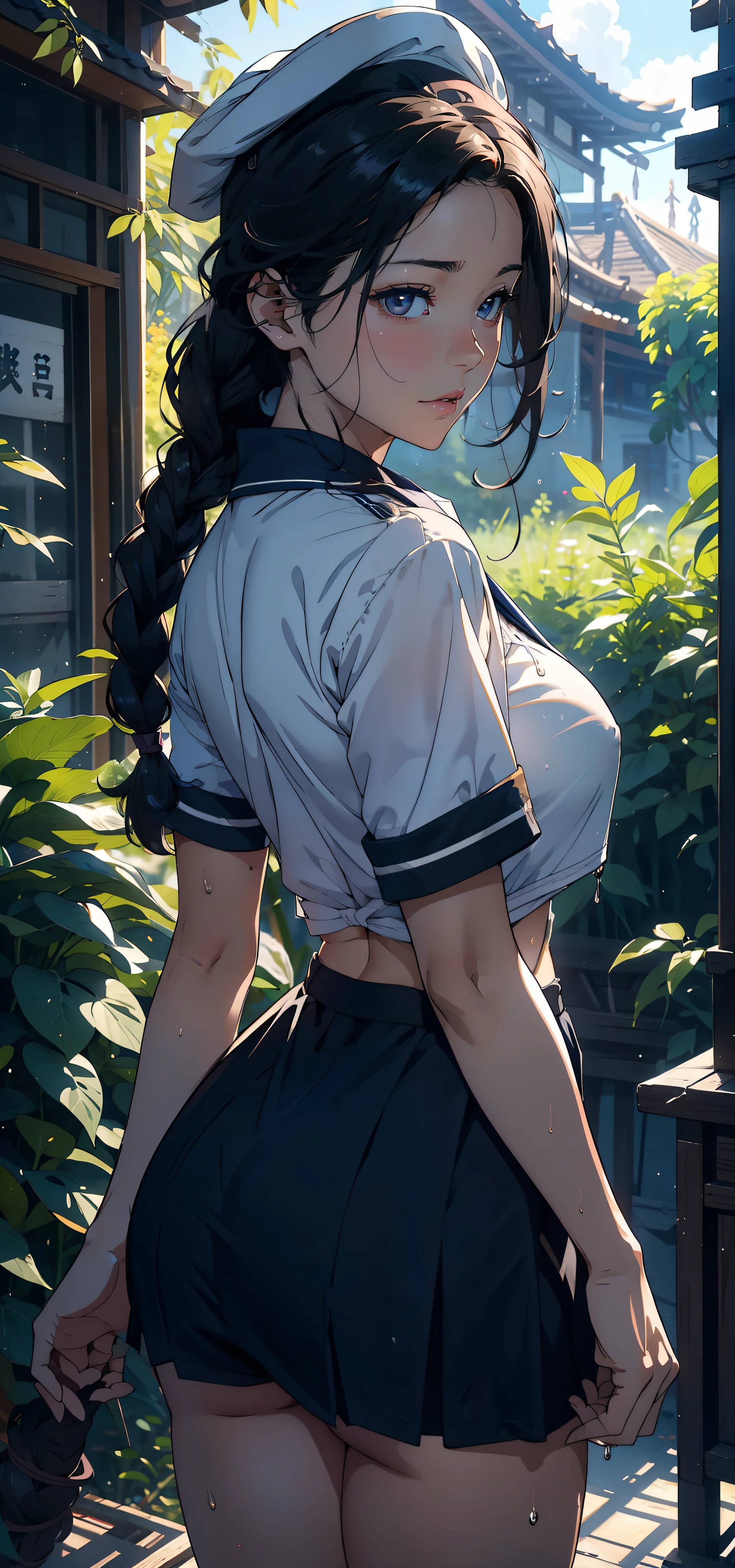 1 woman，25 years，slim，big breasts，long legs，Big breasts Small waist，Pornographic Exposure， solo，（Background with：bamboo forest，Standing in a sea of flowers，in summer） She has very short black hair，standing on your feet，Sweat profusely，wet all over my body，front view， Intertwined braids， sky mostly cloudy，（（（the masterpiece），（Очень подробные обои CG Unity 8k），Best quality，cinematic lighting，detailed background，Beautiful detailed eyes，Bright students，（very good and beautiful），（Beautiful and detailed description of the eyes），ultra - detailed，the masterpiece，）），facing the camera，a high resolution，ultra - detailed），exposing breasts，Bare genitals， convex，Camel toes，raised sexy，Flushed complexion，with open mouth，facade，Sailor&#39;s cap，elementary school student（Tedious：sailor uniform，no panties，）don&#39;t say，Upper body photo
