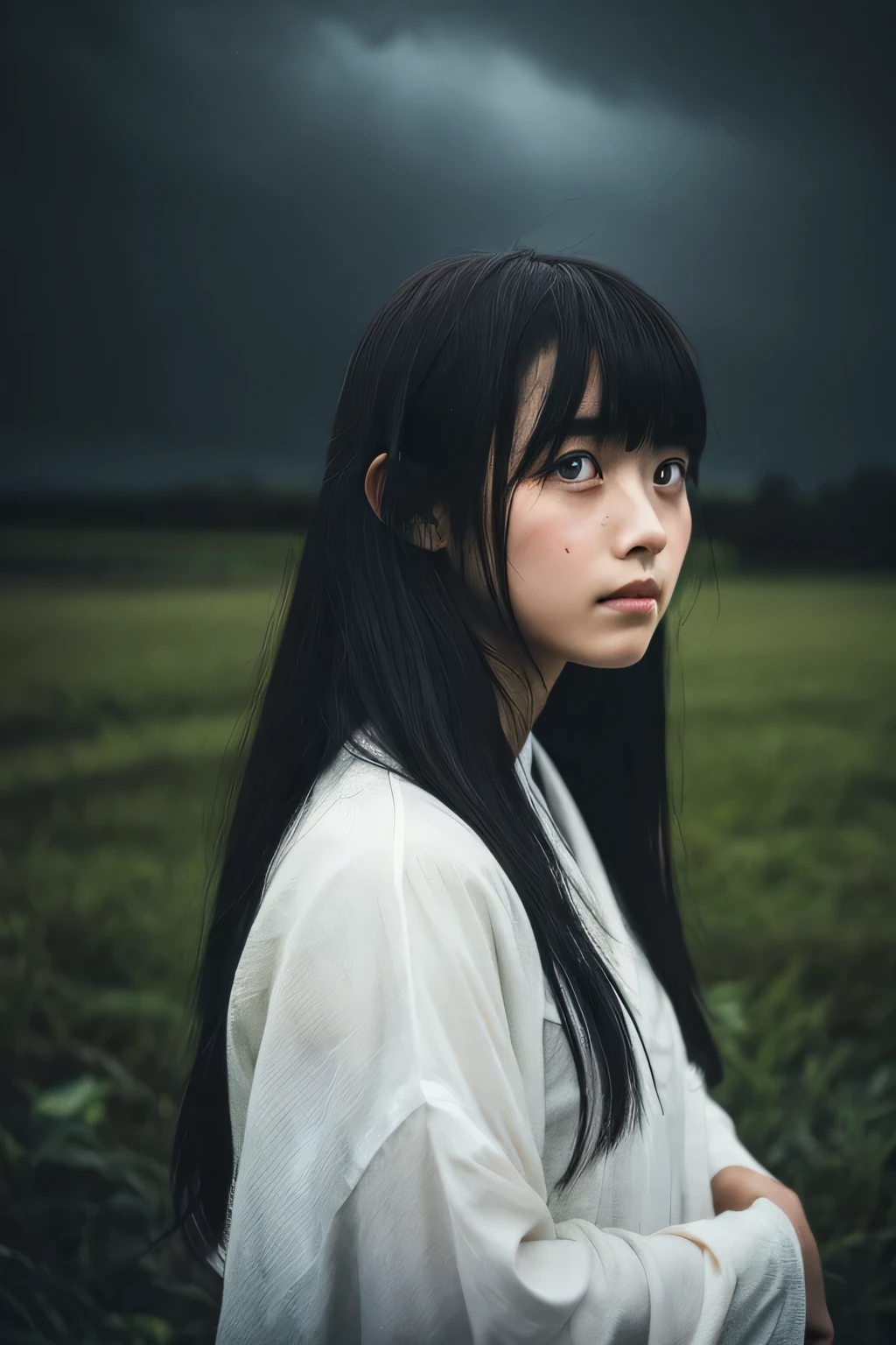 masterpiece, highest quality, (dark photo:1.3), realistic, One girl in a 1800s Japan、A white yukata soaked directly from the rain、Long black hair、Girl in tears, Flat bangs, Stunning innocent symmetry face, Emotional, Ulzzang, (Pueros face_v1:0.7)、Stormy dark sky、Heavy rain with thunder