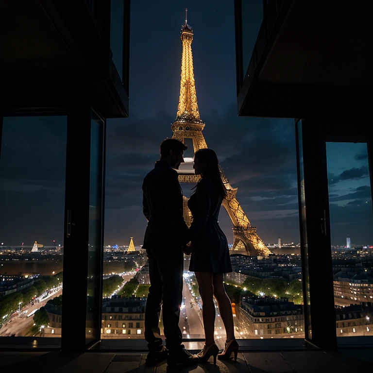 Couple man and woman holding hands watching with the background of Paris and the iffel tower at night 