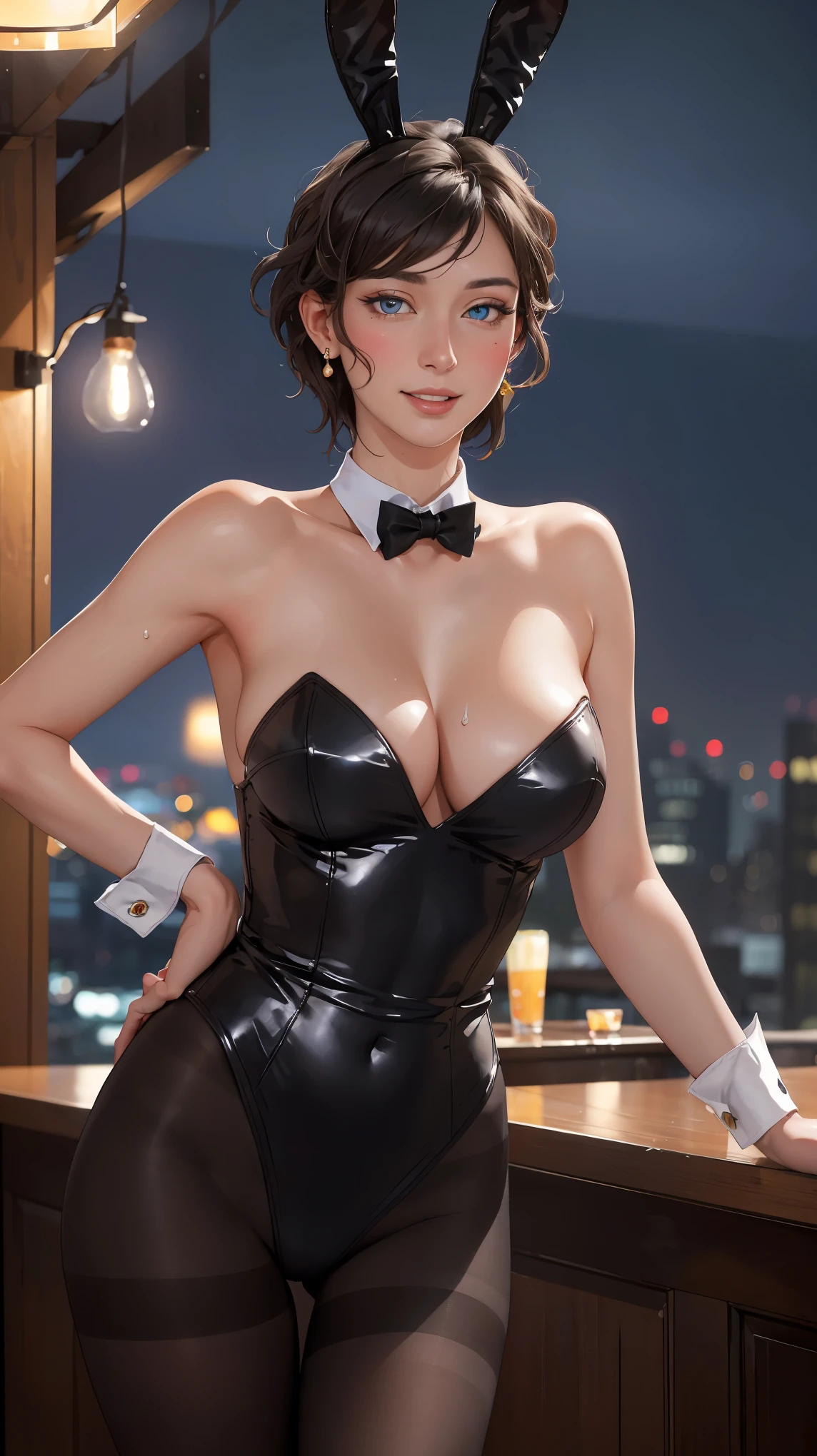 ((((masterpiece, best quality, high resolution)))), Extremely detailed 8K, Beautiful girl with voluptuous body, (Ultra HD, Ultra-detailed, Highly detailed, Highly realistic, Ultra-realistic, photograph realistic), (1girl:1.5), (Realistic black hair), (short wavy hair, earrings), (dynamic poses), facing at camera, looking at viewer, (blushing red, embarrassed, smile), (blue eyes, sharp eyes), (perky breasts:1.2), (beautiful detailed face, beautiful detailed eyes), ((black Playboy bunny, pantyhose, fake rabbit ears)), (standing up), sweat, glow, (night), ((cowboy shot)), jazz bar