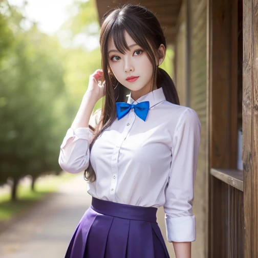best quality, masterpiece,, Illustration, Wallpaper,1girl, solo, Emma stone, white shirt, black skirt, light hair, semi-long hair, beautiful detailed girl, extremely detailed eyes and face, beautiful detailed eyes, shy, natural_lighting, glow,nsfw, clean sky, looking at viewer, outdoors, night sky, star (sky), loafers, black pantyhose, blue bowtie, straight hair, purple petals, purple and blue flowers, red pupil, ponytail, blue ribbon,white hair, thick_thighs, large breasts, red eyes,