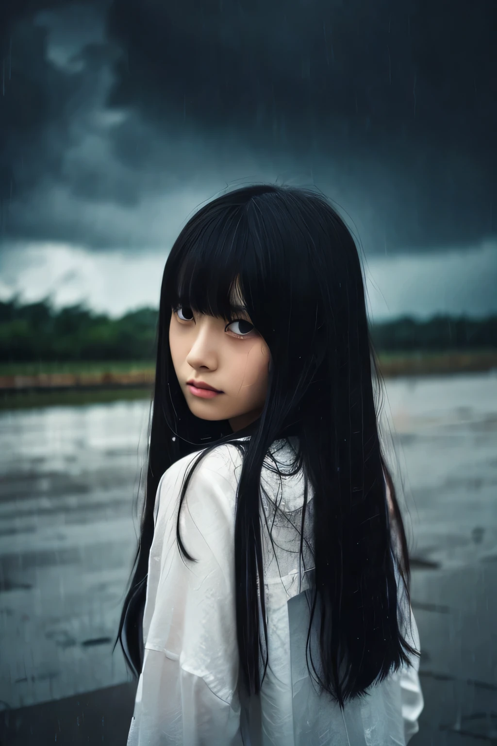 masterpiece, highest quality, (dark photo:1.3), realistic, One girl in a rain-soaked white yukata、Long black hair、Girl in tears, Flat bangs, Stunning innocent symmetry face, Emotional, Ulzzang, (Pueros face_v1:0.7)、Stormy dark sky、Heavy rain with thunder