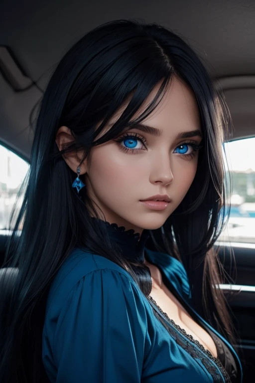 Hermosa mujer de ojos azules, cabello negro, a beautiful girl with blue eyes, cabello rubio.ondulado, dorado