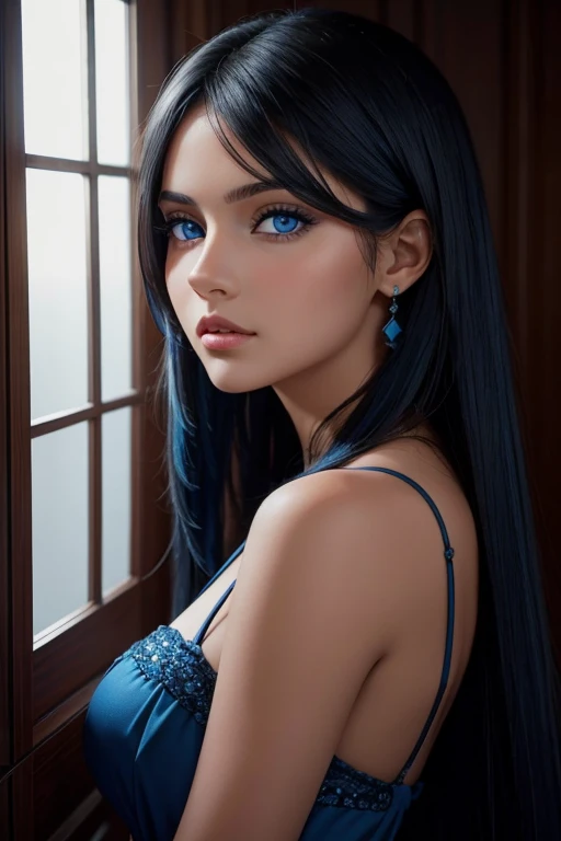 Hermosa mujer de ojos azules, cabello negro, a beautiful girl with blue eyes, cabello rubio.ondulado, dorado