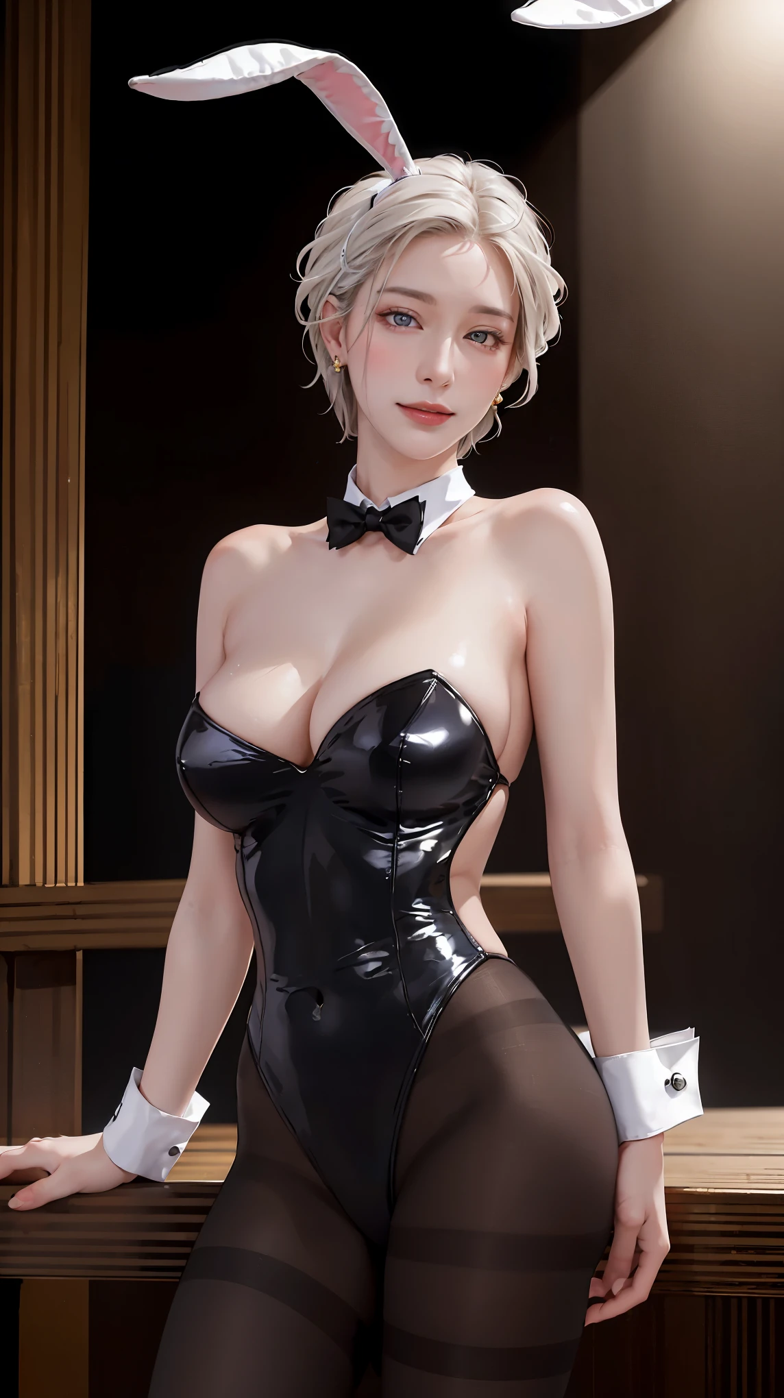 ((((masterpiece, best quality, high resolution)))), Extremely detailed 8K, Beautiful girl with voluptuous body, (Ultra HD, Ultra-detailed, Highly detailed, Highly realistic, Ultra-realistic, photograph realistic), (1girl:1.5), (Realistic white hair), (short wavy hair, earrings), (dynamic poses), facing at camera, looking at viewer, (blushing red, embarrassed, smile), (purple eyes, sharp eyes), (perky breasts:1.2), (beautiful detailed face, beautiful detailed eyes), ((black Playboy bunny, pantyhose, fake rabbit ears)), (standing up), sweat, glow, (night), ((cowboy shot)), jazz bar