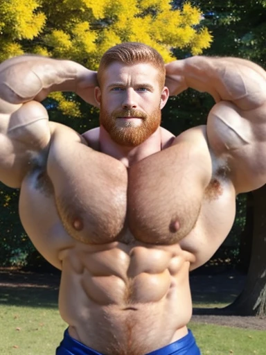 hyper massive muscles, extraordinary attractive European man with radiant blue eyes, (handsome:1.5), (gorgeous:1.6), (beautiful:1.3), ginger, short hair, rugged, park, sunny day, (ginger:1.0), (defined muscles:1.5), vascular, arms up and flexing, worship own arm/biceps, head turned to arm