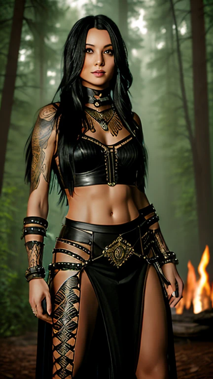 High-resolution ultra detailed realistic photography of a Native American woman with long legs, the Native American woman's clothing is a leather corset with lacing and a maxi mullet skirt and fishnet stockings and high heel boots underneath, the clothing should have lots of details and etched patterns and the Clothing style is a mixture of Gothic and Native American, hairstyle should be a wild braid, face and body are realistic and clearly depicted, model pose is dancing standing looking into the camera, photo background is a forest at night with a blazing campfire, the mood of the photography is dark, Medium Breast Size, Clothing Maxi Skirt, woman wearing many large Native American tattoos