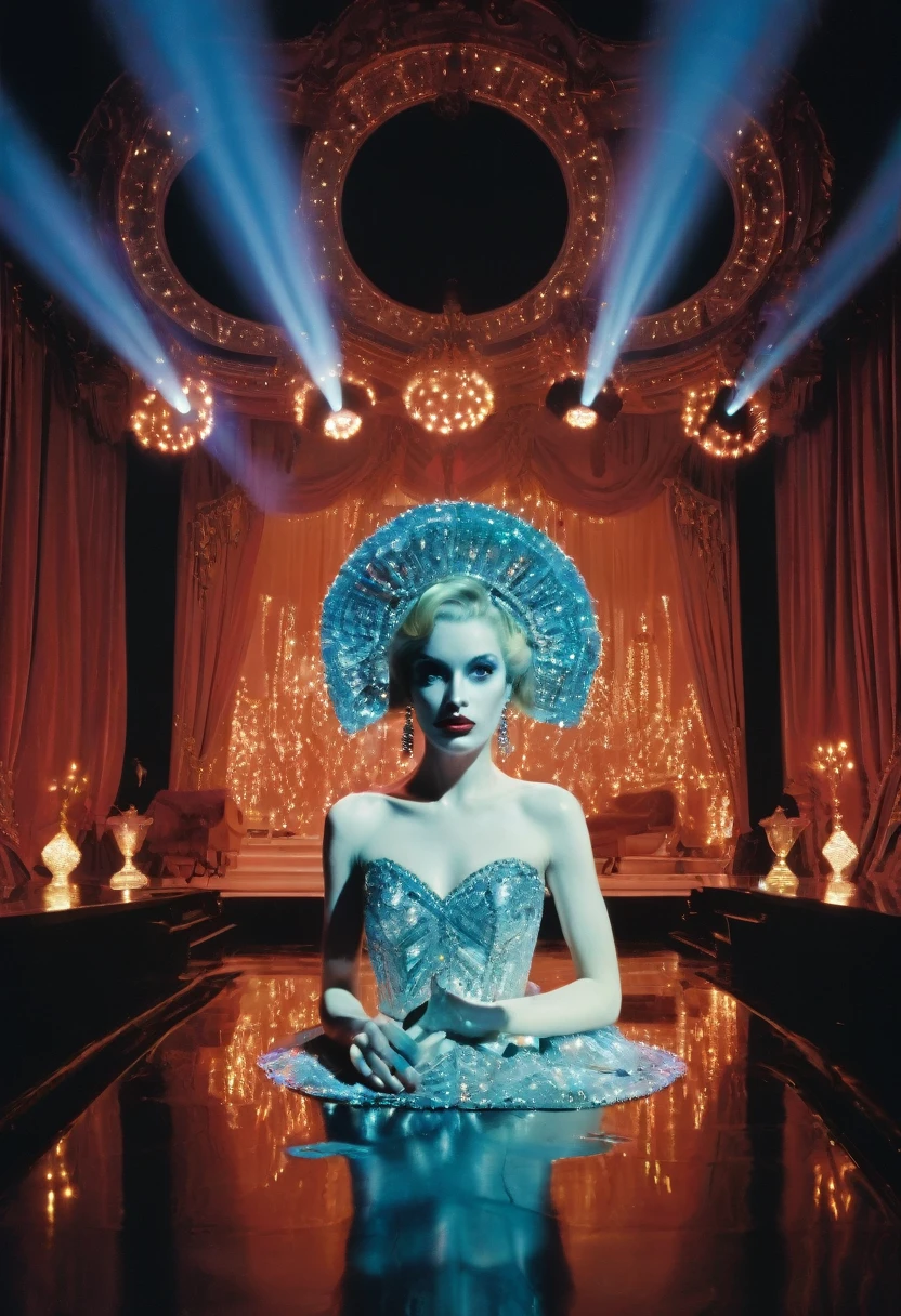 Idol on Stage, lights, by Miles Aldridge, best quality, masterpiece, very aesthetic, perfect composition, intricate details, ultra-detailed