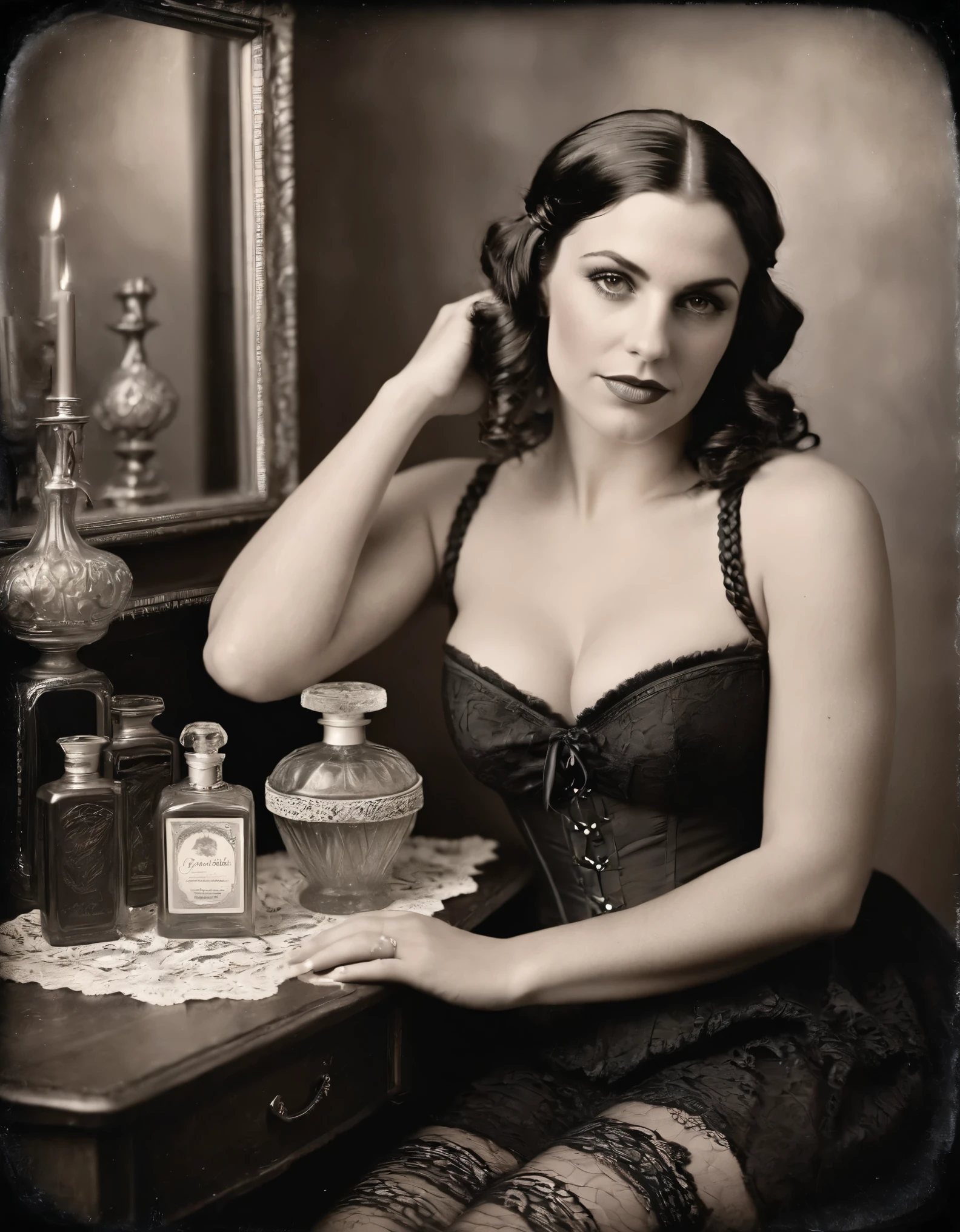 tintype photo, black and white boudoir photography, medium shot of an attractive latina woman, age 30, black hair styled in braided cornrows, curvy body, embodying grace and poise in a stunning black lace corset and stockings, she sits serenely in front of a vintage vanity table adorned with a captivating array of antique perfume bottles, soft diffused lighting casting a warm and intimate glow over the scene, vintage and glamorous effect enhances the ambiance, creating a mood of sophistication, this composition captures a moment of quiet elegance and understated sensuality, celebrating the beauty and confidence of the subject, perfect hands, perfect body
