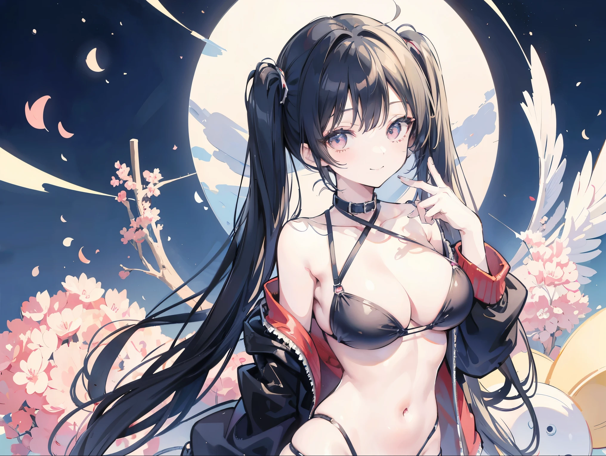 masterpiece,anime style,chibi,sexy girl,black hair,shoulder length hair with two pigtails,bikini,smiling,larger breasts,waiting on the right side of the image,showing cleavage,full body,standing,alone