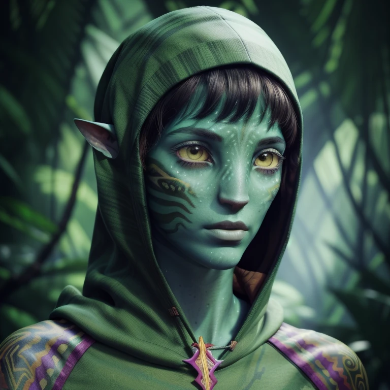 avatar style, (face portrait:1.6), naavi, 1girl, female, yellow eyes, ((big detailed alien eyes:1)), ((eyebrowless)), ((pointy ears)), (green skin tone:1.0), (straight hair:1.0), brown hair color, ((long messy hair)), (young adult), 18 years old, face wrinkles, ((wearing colorful tribal clothing with a hoodie)), (wearing tribal acessories), detailed eyes, toned body, muscled body, vibrant colors, glowing, ethereal atmosphere, surrealistic dreamy lighting, textured skin, otherworldly beauty, mesmerizing photography, (best quality, highres), vivid colors, ultrarealistic, skin details, striped skin, sfw, face close-up:0.5, ultradetailed body, ((forest green skin)), dark background, night time, intricatedetails