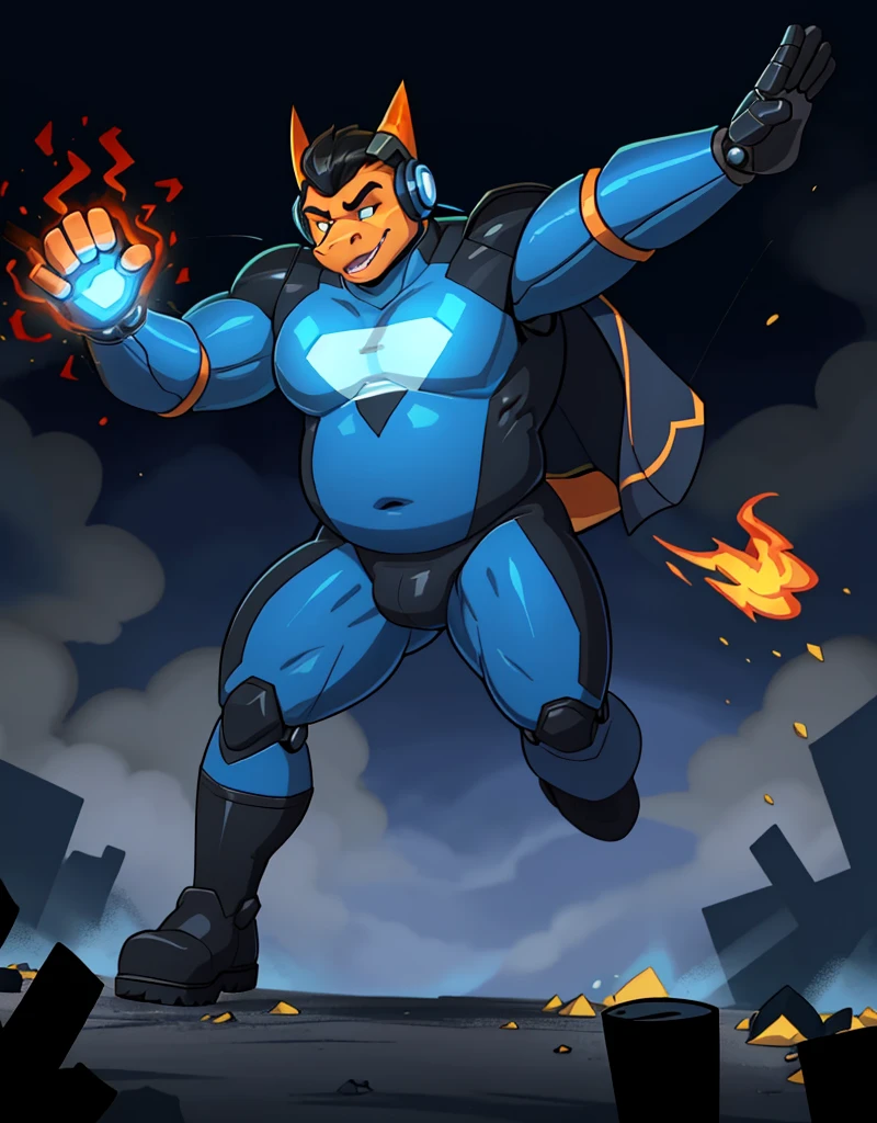 A male chubby anthropomorphic lizard with orange scales, wearing spandex a royal blue superhero suit with black boots and black gloves and navy blue headphones, using telekinesis to lanch debris as robots ,action scene,