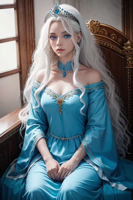 beautiful blue eyed girl, cabello rubio, dorado, con rizos, una tiara adornando su cabeza, sentada en un trono, al lado un leon albino de.ojos.azules
