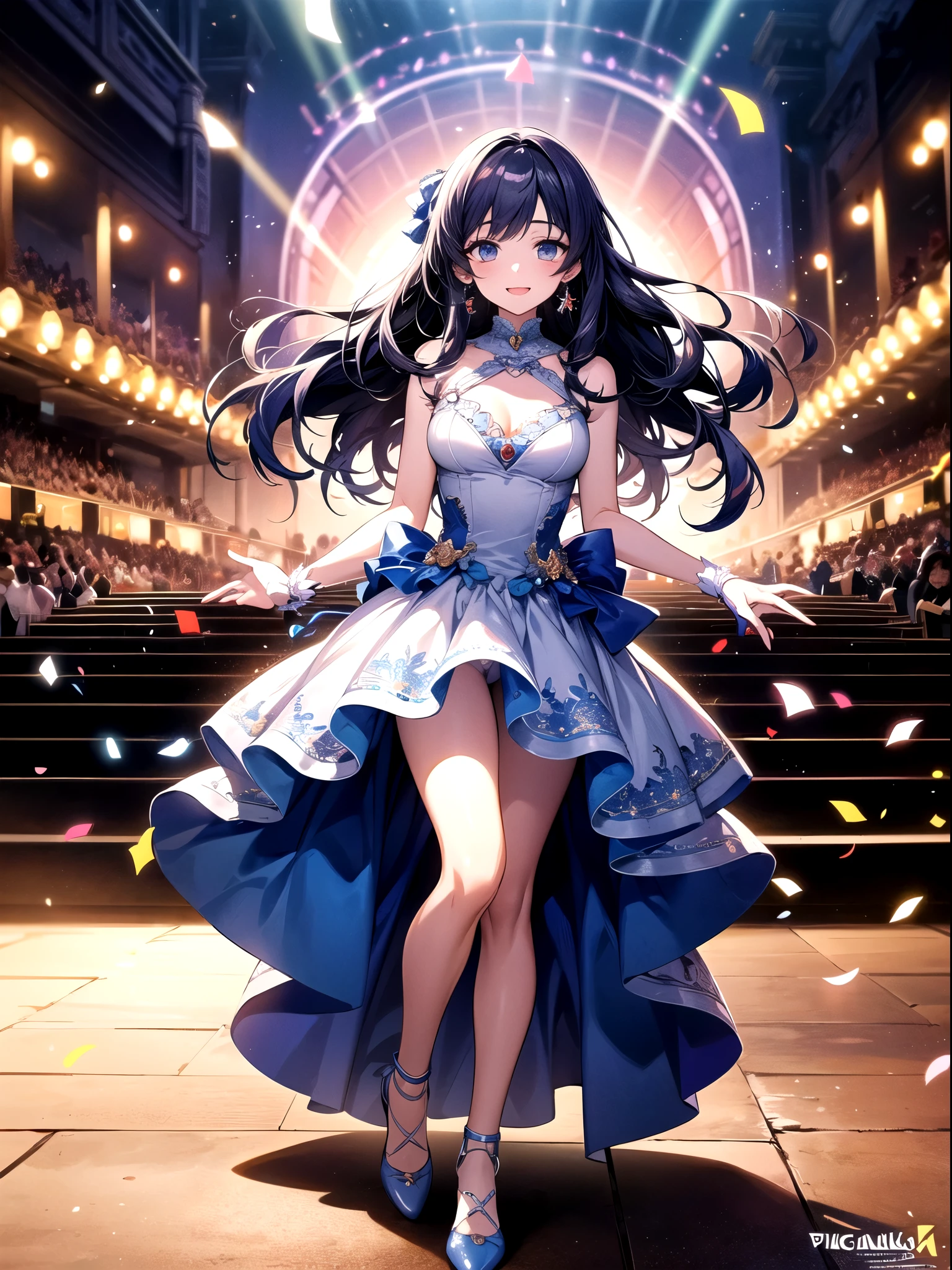 Idol girl in dress dances on stage with confetti, photography:Kamagurka, pixiv contest winners, Concept Art, Night Core, Ink art animation , Shining Magical Girl, best anime 4k konachan wallpaper, Anime cute art style, Detailed key animation art, official art works, Idol master, Lovely, Lovely in dress