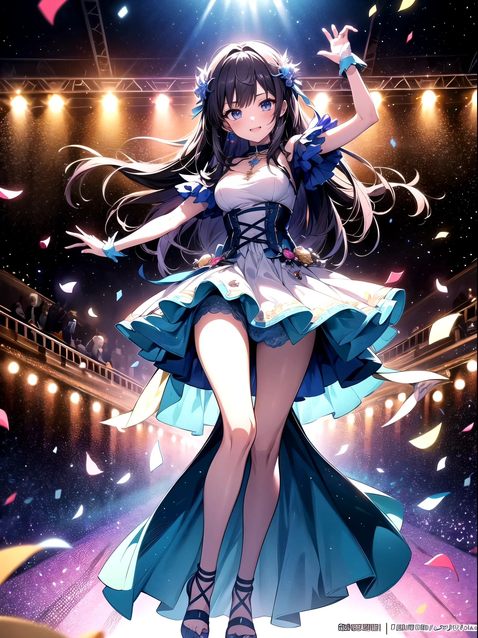 Idol girl in dress dances on stage with confetti, photography：Kamagurka, pixiv contest winners, Concept Art, Night Core, Ink art animation , Shining Magical Girl, best anime 4k konachan wallpaper, Anime cute art style, Detailed key animation art, official art works, Idol master, Lovely, Lovely in dress