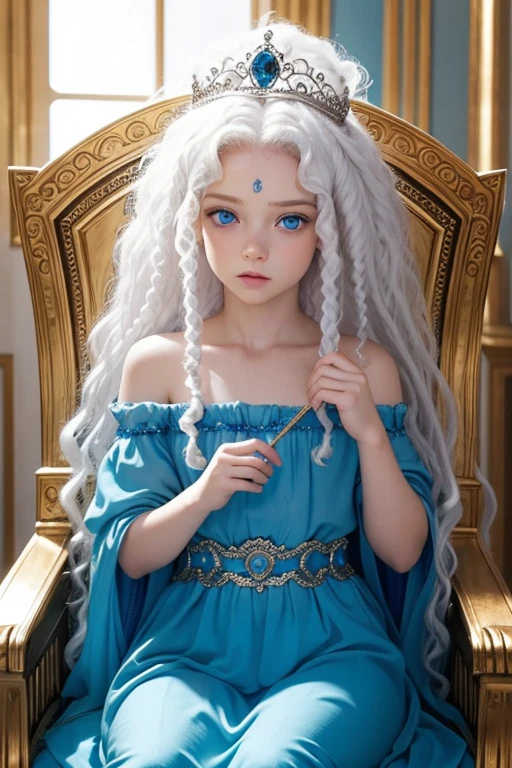 beautiful blue eyed , cabello rubio, dorado, con rizos, una tiara adornando su cabeza, sentada en un trono, al lado un leon albino de.ojos.azules