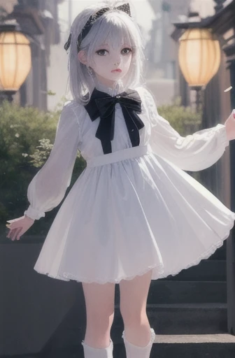 (Extremely delicate and beautiful: 1.2), 1girl, top masterpiece, top detail, super fine detail, dynamic standing painting, standing, full body, bangs, bow, from the front, hair bow, lantern, light particles, long sleeves, looking at the audience, solo