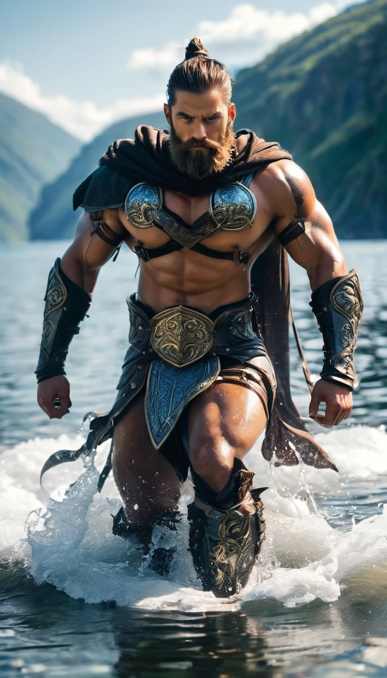The character is a muscular man with a beard, wearing armor and a cape. He is walking in the water, with a magnificent view of the sky in the background. He appears to be a warrior or hero, and is now facing the camera, looking directly into the lens.