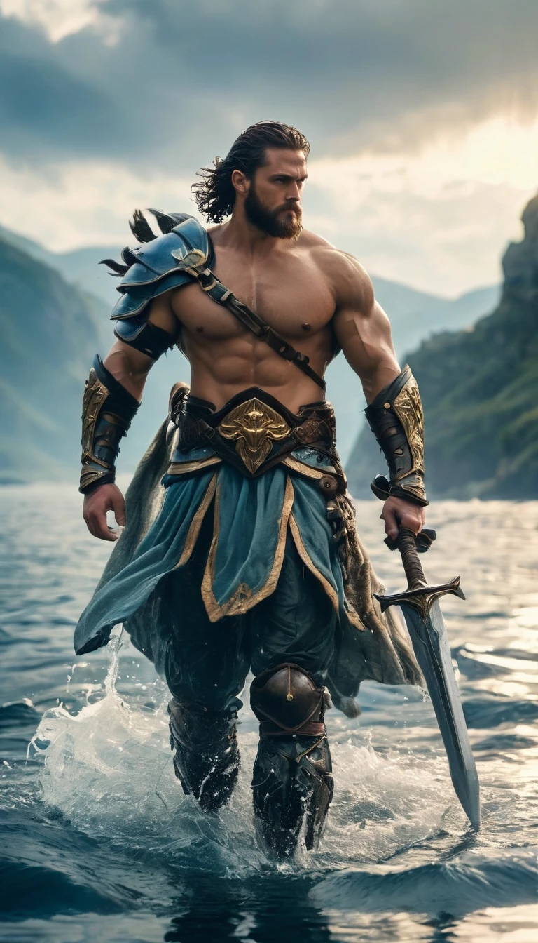 The character is a muscular man with a beard, wearing armor and a cape. He is walking in the water, with a magnificent view of the sky in the background. He appears to be a warrior or hero, and is now facing the camera, looking directly into the lens.