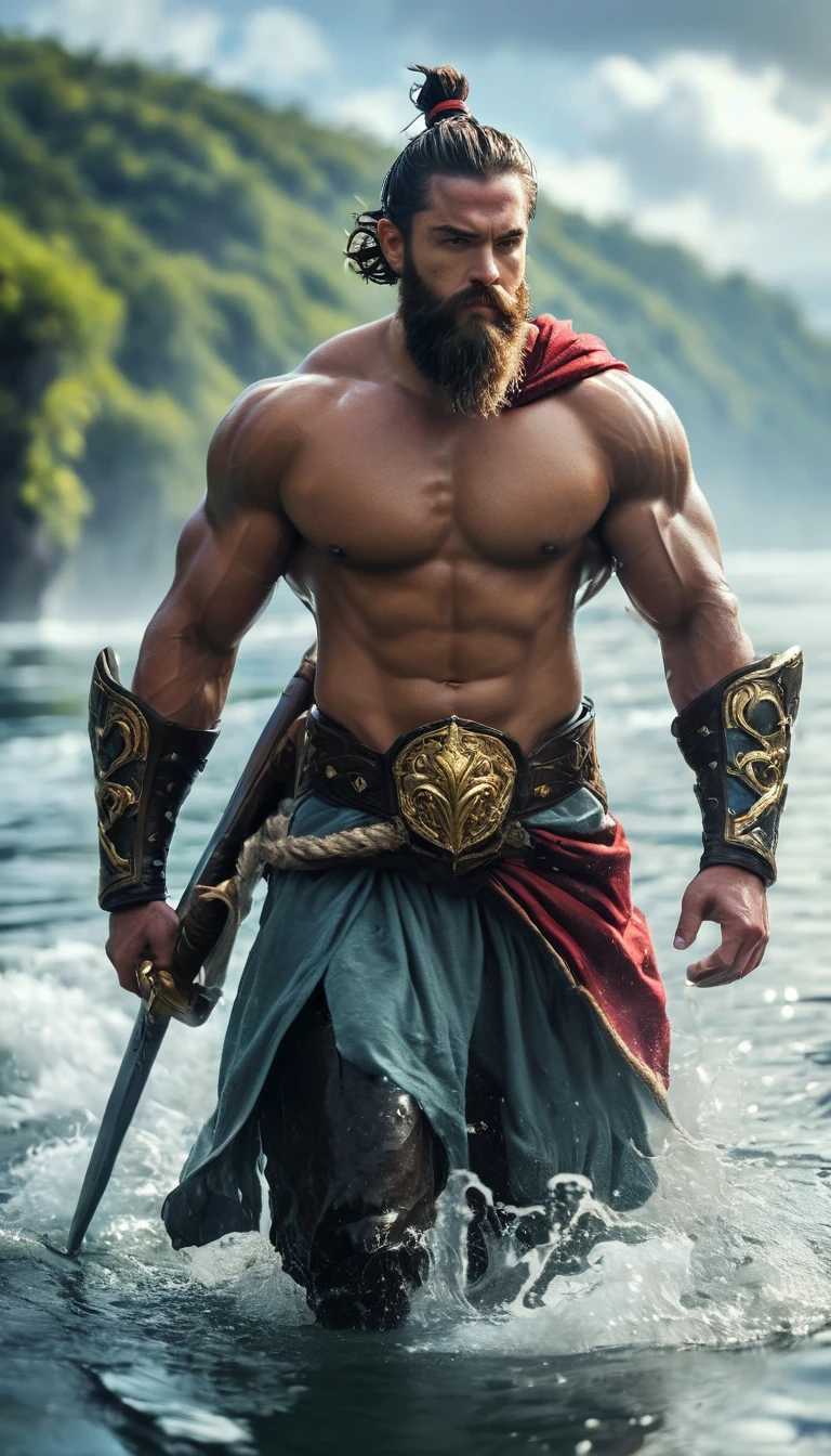 The character is a muscular man with a beard, wearing armor and a cape. He is walking in the water, with a magnificent view of the sky in the background. He appears to be a warrior or hero, and is now facing the camera, looking directly into the lens.