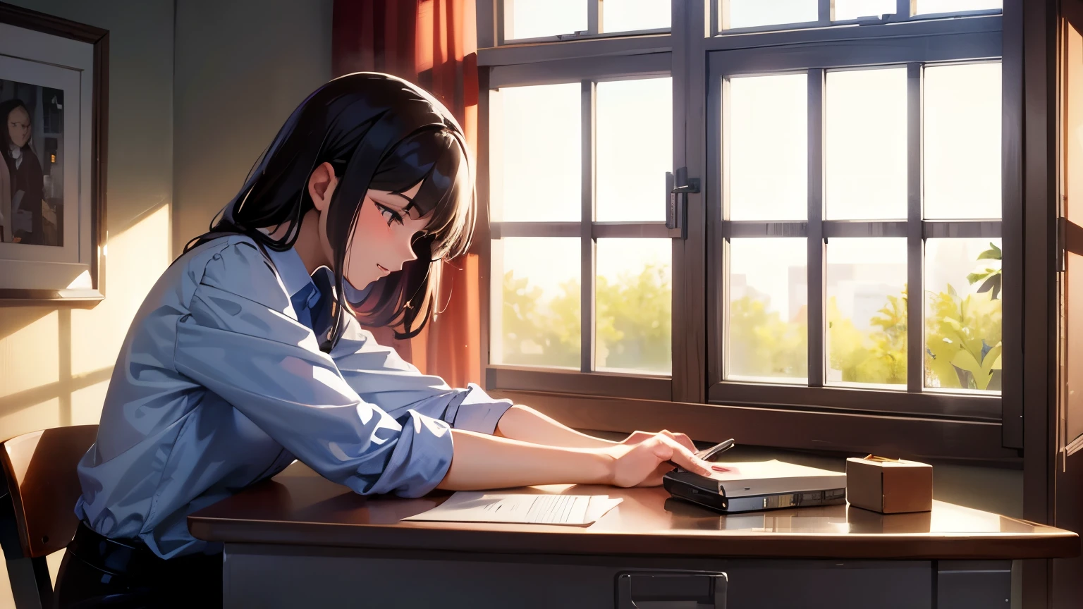 A woman working on a desk by the window