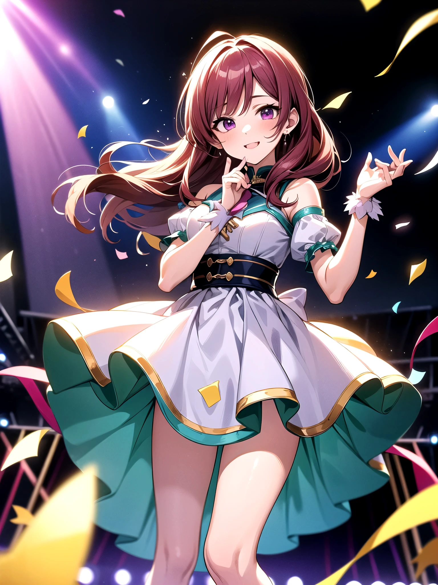 Idol girl in dress dancing on stage with confetti, maroon hair, purple eyes, Pixiv Contest Winner, conceptual art, nightcore, splash art anime , sparkling magical girl, best anime 4k konachan wallpaper, anime moe art style, Detailed key anime art, official artwork, idolmaster, Cute, Cute in dress、Hands up、jumpping