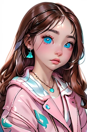 rainbow, 1girl in, Solo, Long hair, Looking at Viewer, Blue eyes background, White background, Jewelry, Closed mouth, Jacket, Upper body, brown hair, earrings, Pink eyes, Necklace, From Side, Sweaters, Lips, Eyelashes, makeup, Wavy Hair, Piercing, Cross, lip stick, ear piercings, eyeshadows, hoop earrings, red lips, multicolored eyes, teal Theme, , Pink Eyeshadow,