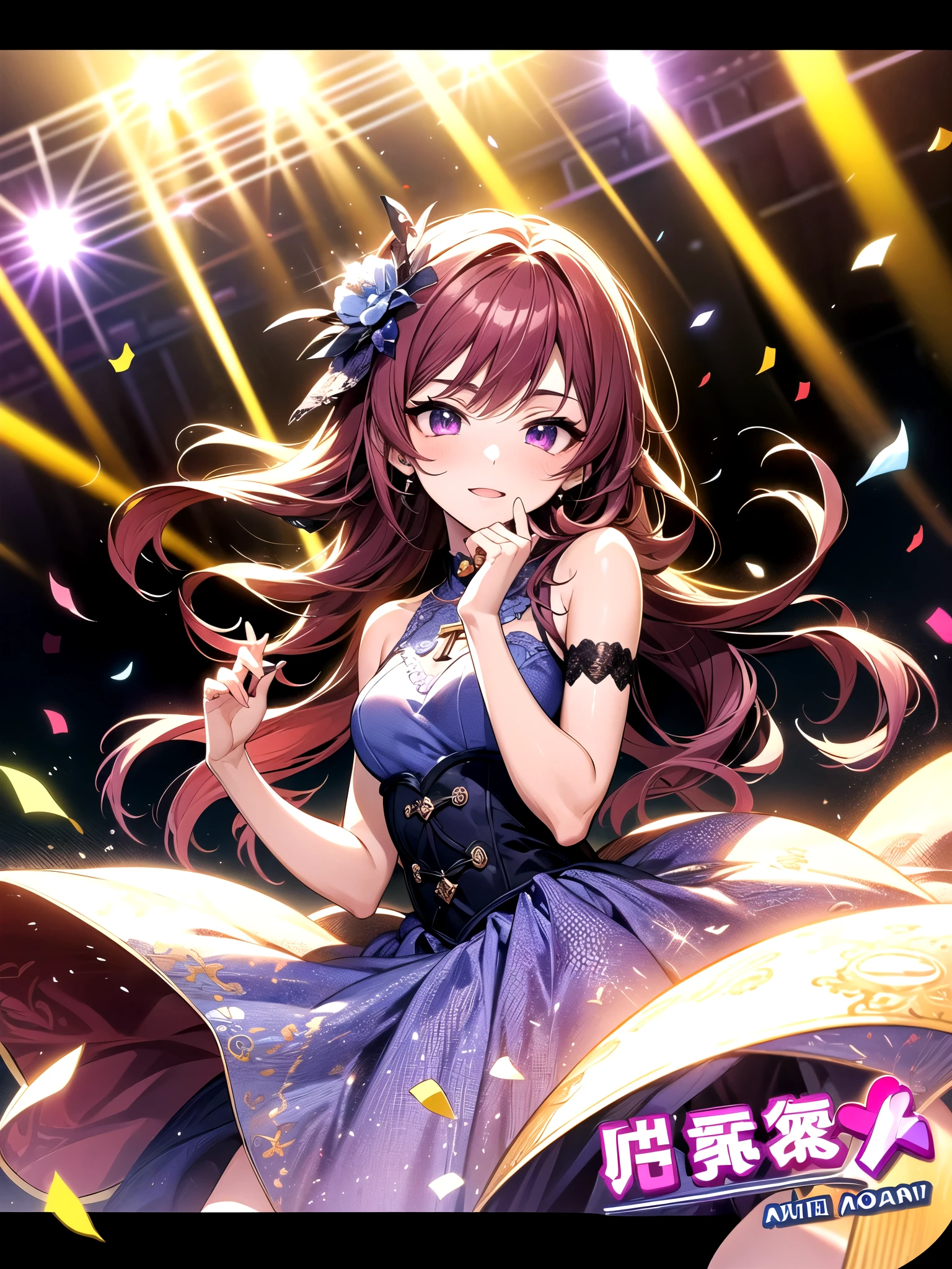 Idol girl in dress dancing on stage with confetti, maroon hair, purple eyes, Pixiv Contest Winner, conceptual art, nightcore, splash art anime loli, sparkling magical girl, best anime 4k konachan wallpaper, anime moe art style, Detailed key anime art, official artwork, idolmaster, Cute, Cute in dress、Hands up、jumpping