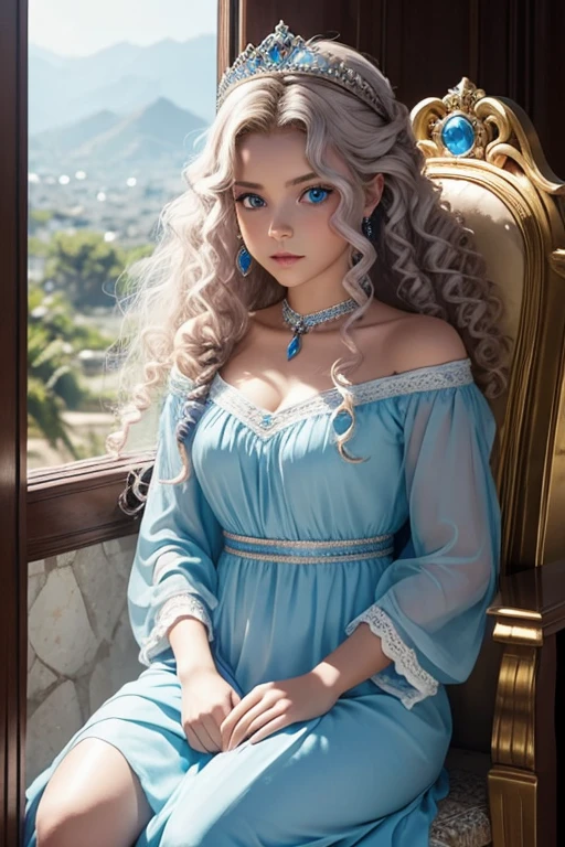beautiful blue eyed baby, cabello rubio, dorado, con rizos rubios, una tiara adornando su cabeza rubia, sentada en un trono