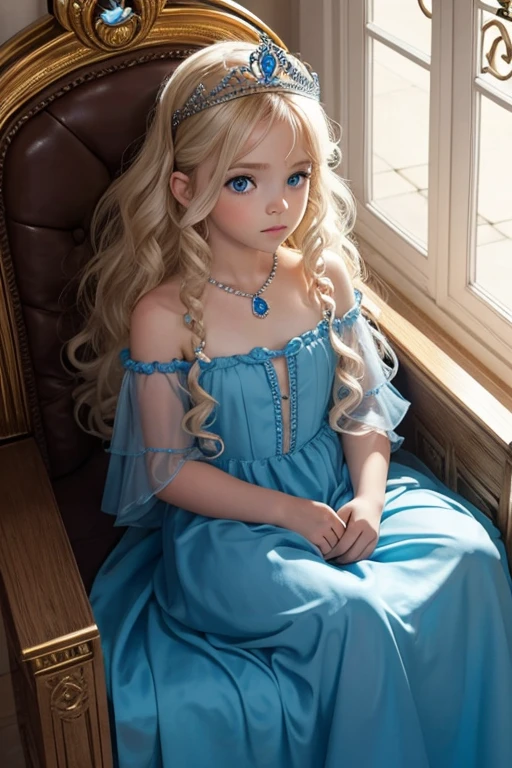 beautiful blue eyed baby, cabello rubio, dorado, con rizos rubios, una tiara adornando su cabeza rubia, sentada en un trono