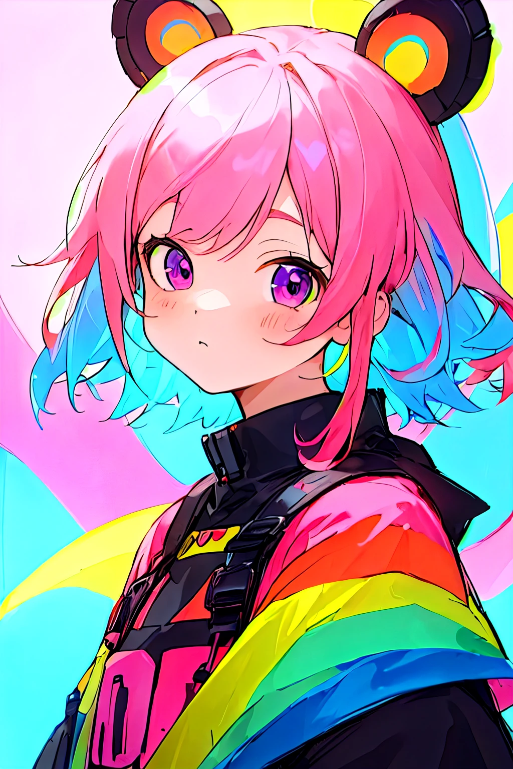 score_9, score_8_up, score_7_up, rainbow style, vibrant colors, vivid colors, solo, outdoors, looking at viewer, upper body, girl, in nature, pink hair, cute