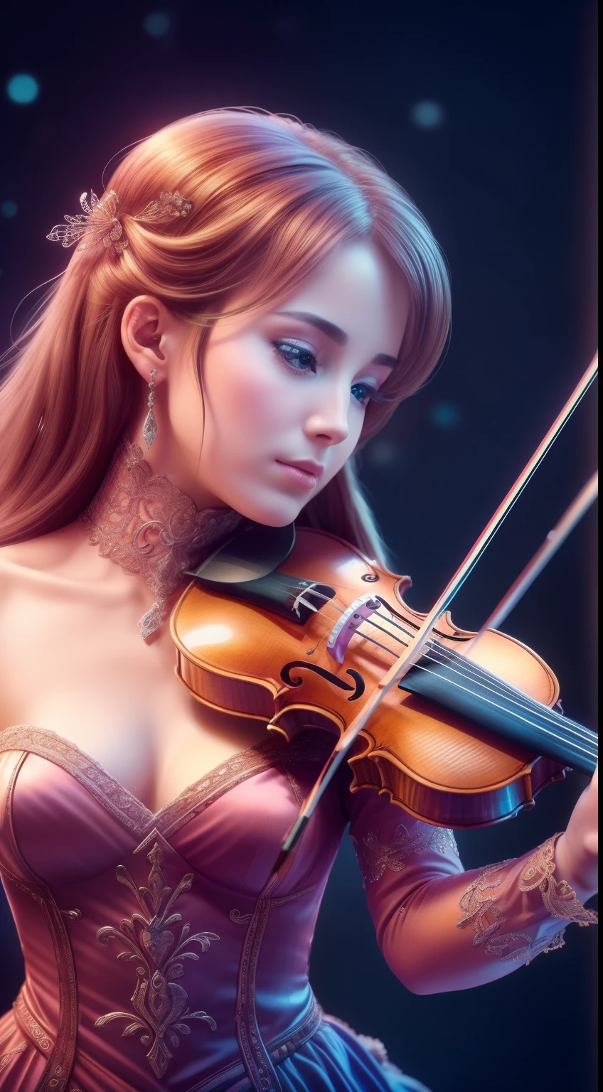 HDR 4К, 8K, Fantasy art, Stunning illustration, Precious details, ultra detailed masterpiece, hyper-detailed, Carefully detailed, (perfectly detailed face), (Perfect hands:1.7), (Playing the The perfect violin:1.3), The perfect violin, Live Symphony": Stunning female violinist in full view, whose violin is made of magic wood, which reacts to her emotions. When you play, Music materializes in colors and shapes, who dance in the air, Creating a unique visual and auditory spectacle.