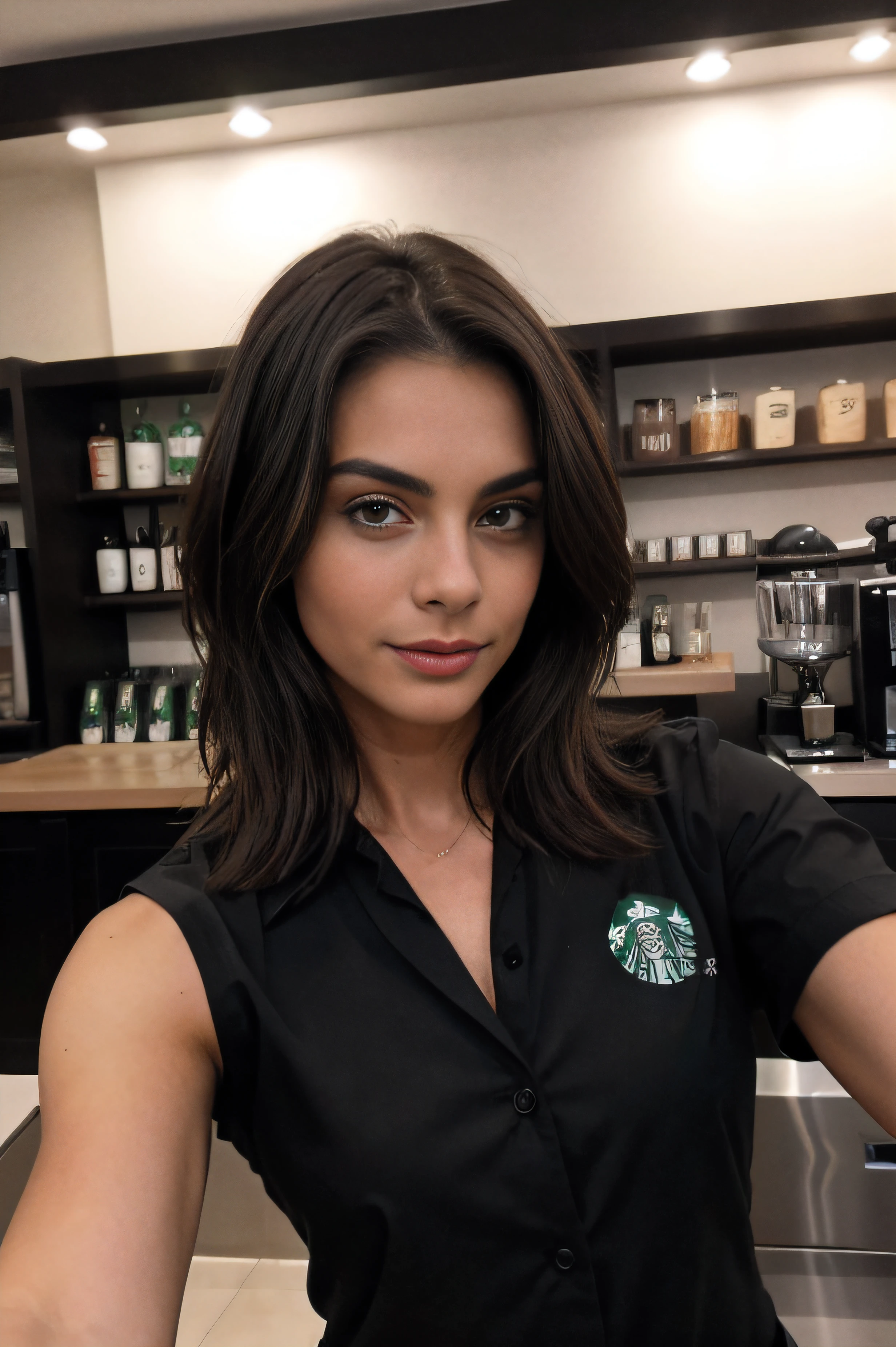 femme adulte, short messy black hair detailed, plan moyen, muscle, seulement, vêtements de barista, Uniforme de Starbucks, selfie, gros seins, Very dark brown mannequin, Beau visage, yeux bleus, detailed body, Des yeux parfaits, visage parfait, Daytime running lights, detailed shadows, HDR, photorealistic, well lighted, Indoor bar, selfie