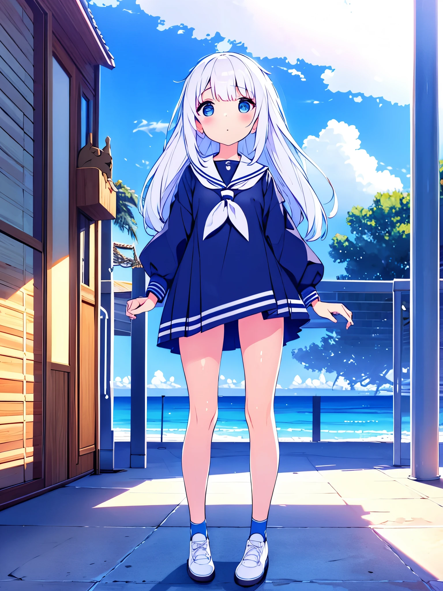 1 gran calidad 4k hermosa chica ojos azules pelo blanco uniforme escolar marinero navy blanco con azul orejas de gato en patio con un anochecer esterellado de fondo full body