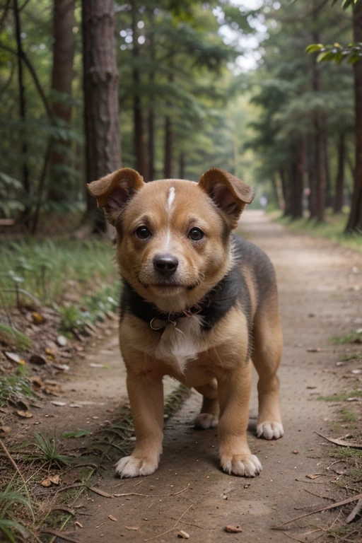 ((melhor qualidade)), ((obra de arte)), (detalhado), cachorro de pequeno porte e peludo feliz correndo em um bosque