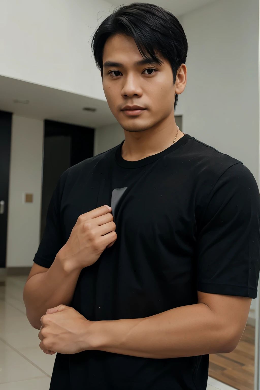 Filipino man with black hair with black shirt