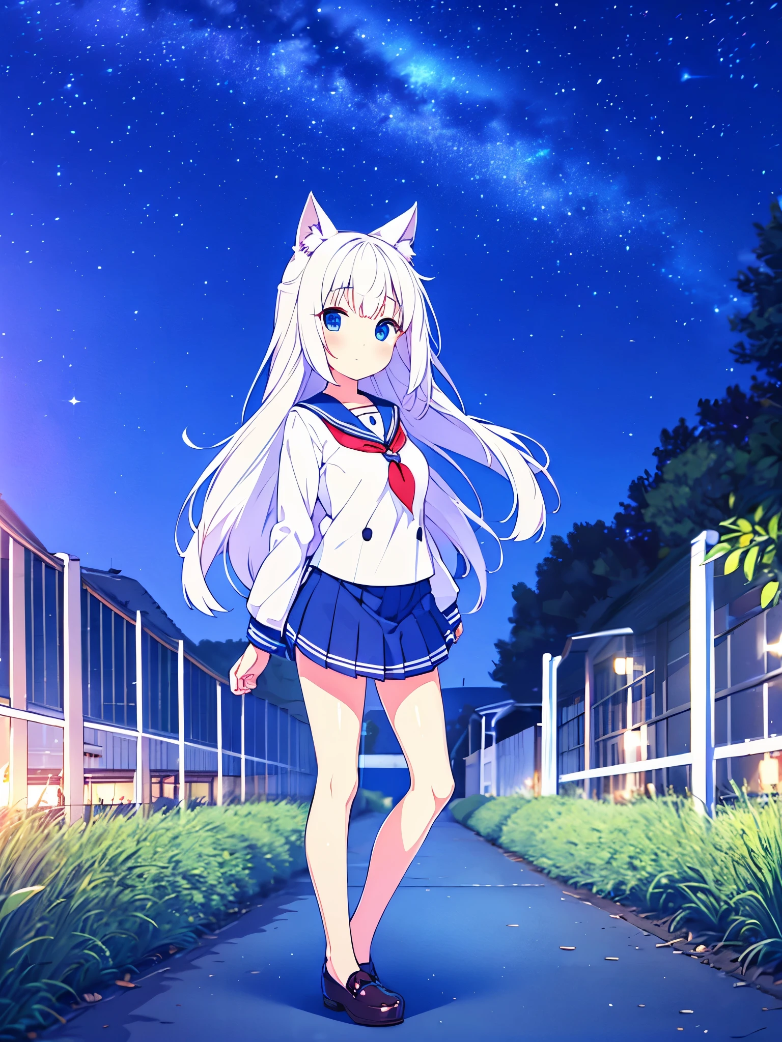 1 great quality 4k beautiful girl blue eyes white hair  sailor short skirt  navy white with blue cat ears in yard with a starry dusk background full body Glasses  pecho pequeño  NSFW  show panties