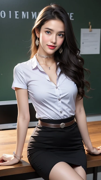 (8k high resolution), masterpiece, best quality, realistic ((medium bust)), hair in one eye, purple eyes, very big hoop earrings, sharp eyes, choker, red gemstone necklace. , (symmetrical eyes), (perfectly symmetrical body ), photo of a beautiful 18-year-old age girl, ((perfectly symmetrical body )), ((in the teacher's room)), (black short skirt), university uniform, (( female The girl wears a tight white short-sleeved shirt, unbuttoned, open chest showing off her beautiful breasts)) ((short black pencil skirt Deep slit skirt in front of the legs)), (mahalaiuniform), belt, bob, long hair, side bangs, golden blonde hair, double eyelids, sharp eyeliner, blush eyeshadow. She has thick eyelashes, very delicate and beautiful, round chin, sharp focus. Elegant. She is already sitting on a full study table. Turn your head with your legs open to eye level. Open your legs. Lift your right leg over your left leg. Let your legs open naturally. Legs slightly separated. Dynamic pose, bracelet, women's watch,MIDDLE breasts,cup D