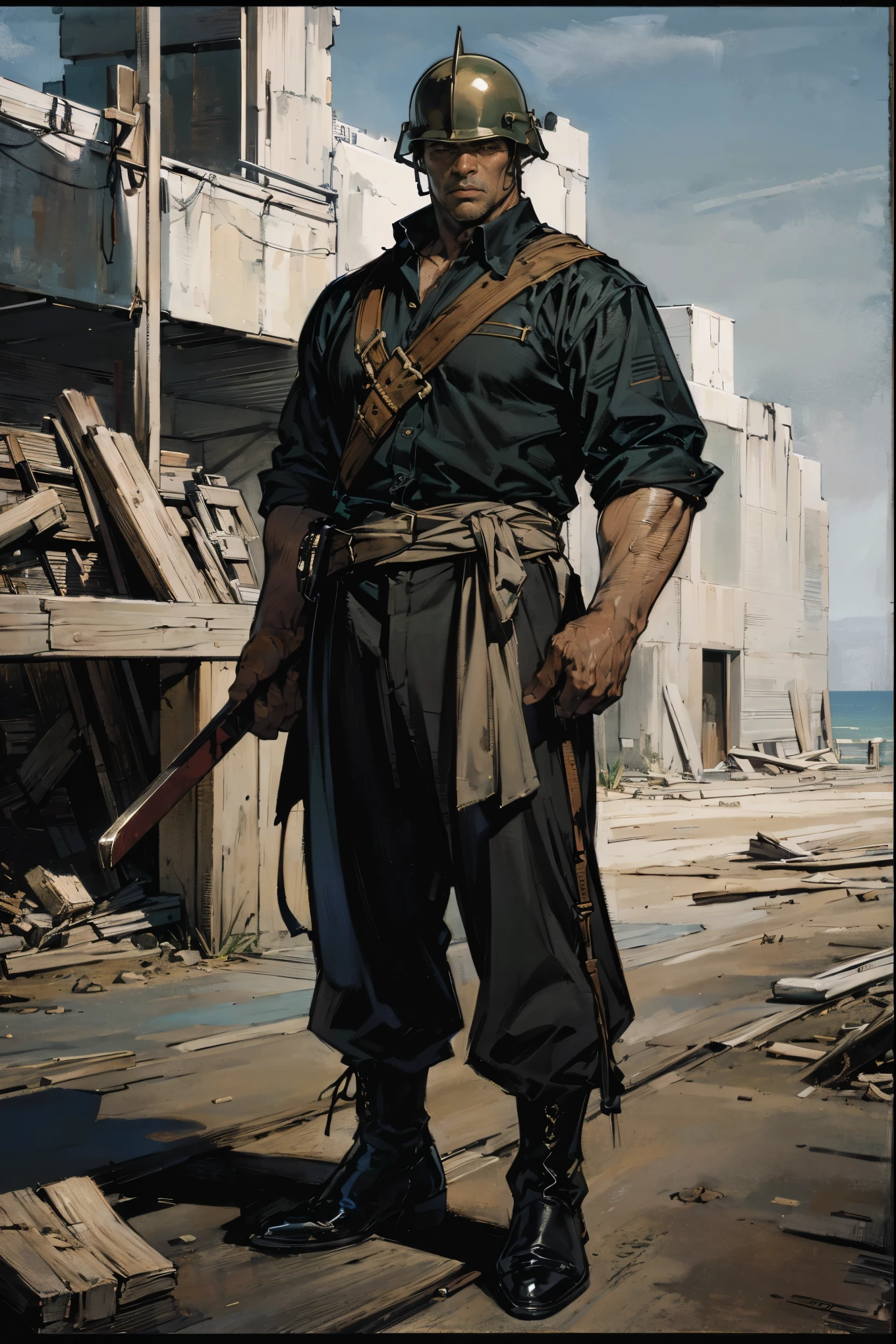 (Best quality, 4K, high resolution, masterpiece, ultra-detailed, realistic anatomy, photo-realistic:1.37), youthful, determined man, conscripted soldier, (wearing black Field Tunic, matching trousers), jackboots, Stahlhelm, (holding weapon), in a combat-ready posture. This full-body portrait captures his unwavering resolve and readiness for battle, with sharp focus on his uniform's rugged condition, his helmet, and his weapon. The image evokes an aura of courage, discipline, and steadfast loyalty, set against the backdrop of a war-torn trench.