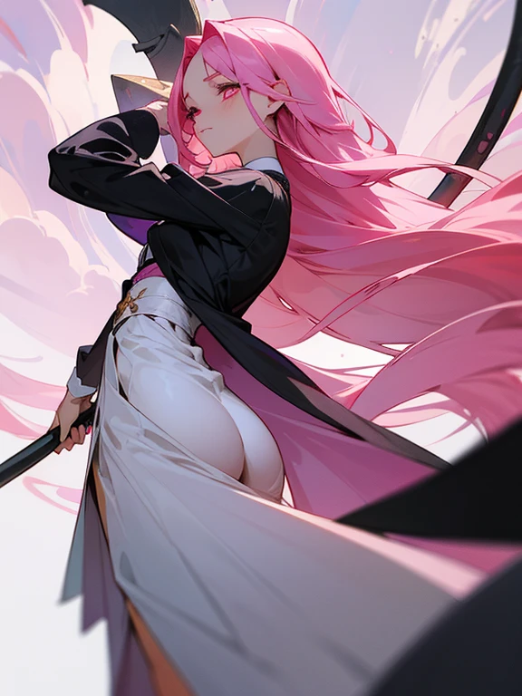 "Draw a beautiful spider woman anime character with long bright pink hair and slightly slanted bright pink eyes.. He wears a billowing white robe that almost touches the ground... She is standing on a bed of pink flowers., con sus grandes respiraciones con confianza, actitud de superheroe. En una mano, she was holding a little pink spider. En el otro, He held a large sharp scythe raised to his shoulder, listo para atacar en cualquier momento. Her pink hair fell down her back in elegant waves... Llevaba un sexy top corto y de cuello alto blanco suave., camisa de manga larga, con un corte en el pecho que dejaba al descubierto sus amplios senos. She was wearing a long white skirt that only covered her thighs... She also wore high heels which made her appear taller than before despite her confident and authoritative demeanor.., He had a gentle and gentle expression on his face.. His eyes were slightly half-lidded and he seemed friendly and affectionate... He seemed like the kind of person who would rush to help a friend in need without a second thought... But don't let his kind expression fool you: still not someone easy to mess with., especially when holding a scythe,