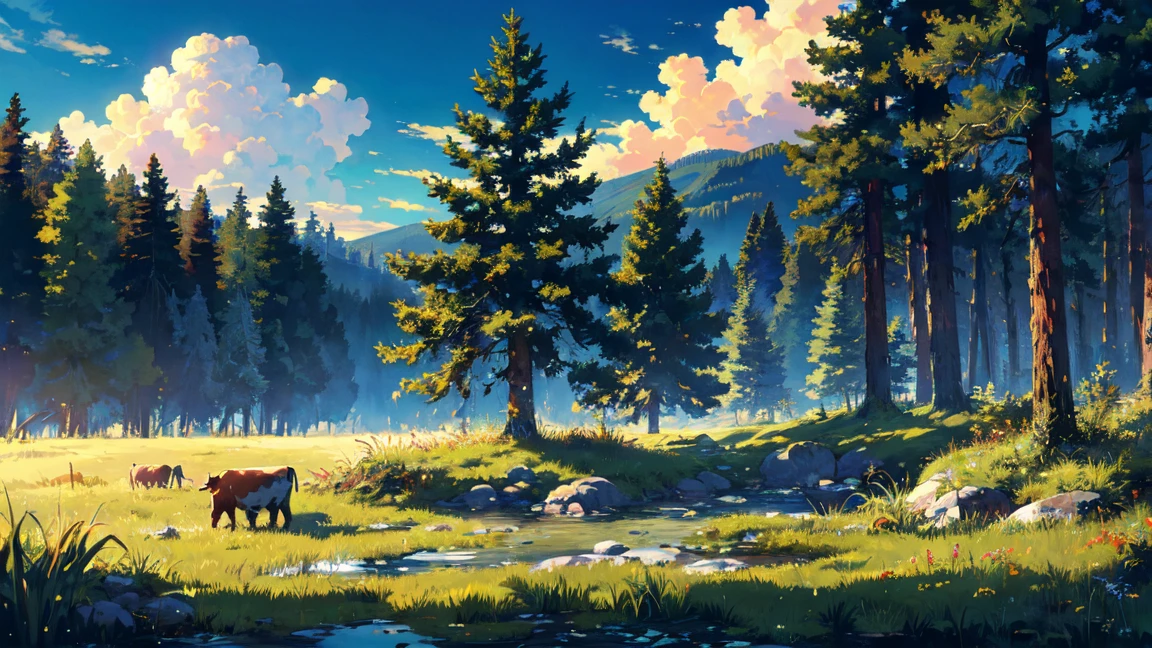 cow,
BREAK (masterpiece, best quality:1.2), outdoors, nature, forest, pines, grass, tall grass, detailed grass, plants, day, clouds,