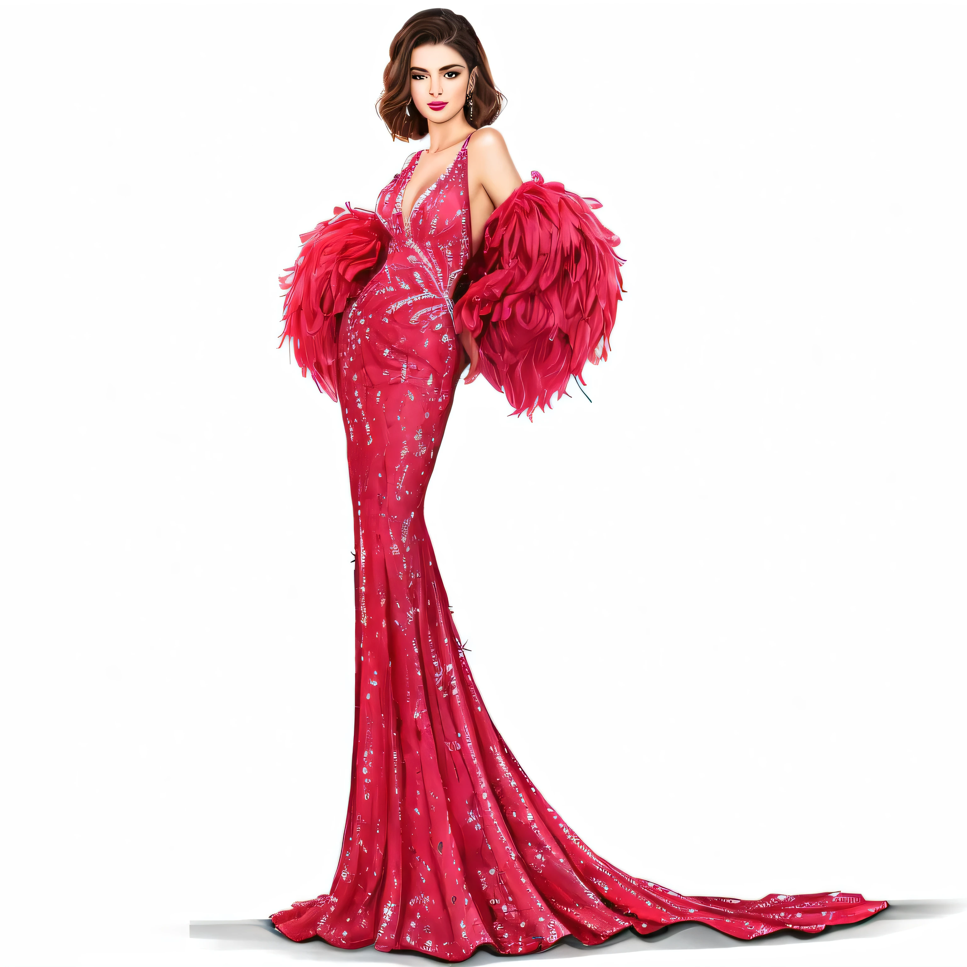 Araffe vestida com um vestido vermelho e xale de penas, usando um vestido de penas, vestido feito de penas, vestindo um vestido de noite, vestido volumoso caro, usando vestido floral rosa, usando vestido longo, por Ni Yuanlu, por Nikola Avramov, senhora meio virada em vestido de noite, beauty pageant rendering, por Elena Guru